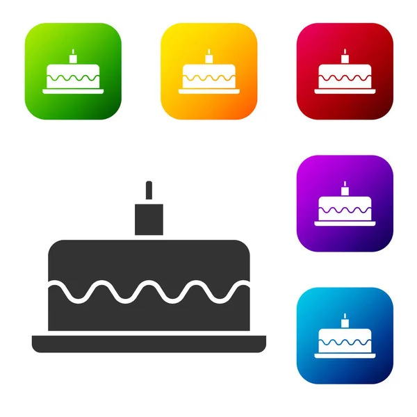 Black Cake Burning Candles Icon Isolated White Background Happy Birthday —  Vetores de Stock