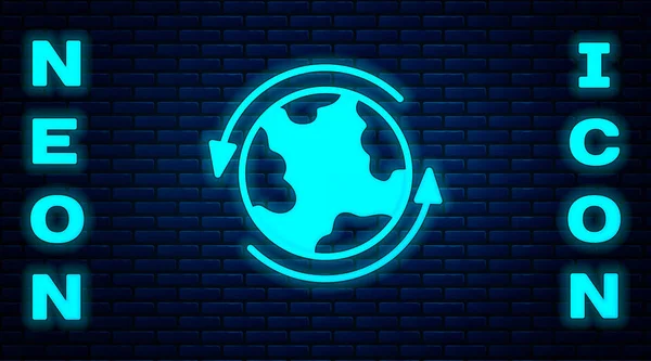 Светящийся Неоновый Всемирный Значок Изолирован Фоне Кирпичной Стены Пин Глобусе — стоковый вектор