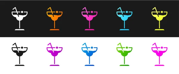 Set Cocktail Und Alkoholgetränk Symbol Isoliert Auf Schwarz Weißem Hintergrund — Stockvektor