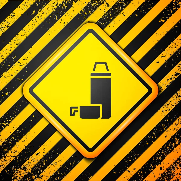 黄色の背景に隔離された黒い魔法瓶のコンテナアイコン 熱フラスコアイコン キャンプやハイキング機器 警告サインだ ベクトル — ストックベクタ