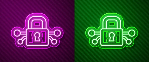 Icono Seguridad Cibernética Línea Neón Brillante Aislado Sobre Fondo Púrpura — Vector de stock