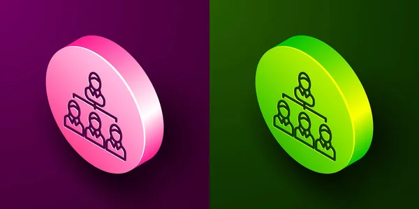 アイソメトリックラインビジネス階層組織図インフォグラフィックアイコンは 紫と緑の背景に分離されています 企業組織のグラフィック要素 丸ボタン ベクトル — ストックベクタ