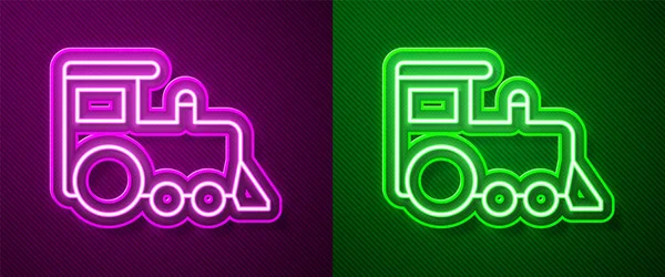 Glowing Neon Line Toy Train Icon Isolated Purple Green Background — Stock Vector