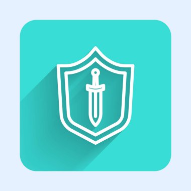 Beyaz çizgi Ortaçağ kalkanı ve uzun gölgeli kılıç simgesi. Yeşil kare düğmesi. Vektör.