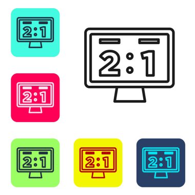 Siyah çizgi spor mekanik skorbordu ve sonuç simgesi beyaz arkaplanda izole edildi. Renkli kare düğmelerle simgeleri ayarla. Vektör.