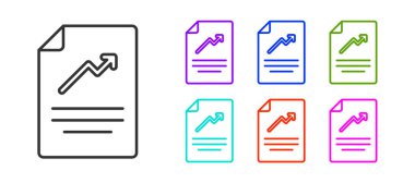 Grafik grafik simgesine sahip siyah çizgi belgesi beyaz arkaplanda izole edildi. Metin dosya simgesini rapor et. Muhasebe tabelası. Denetim, analiz, planlama. Simgeleri renklendirin. Vektör.