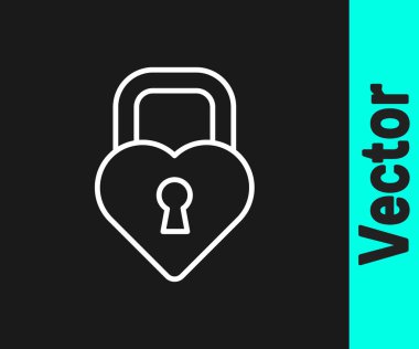 Beyaz çizgi Kalesi siyah arka planda izole edilmiş kalp simgesi şeklinde. Kilitli Kalp. Aşk sembolü ve anahtar deliği işareti. Vektör.