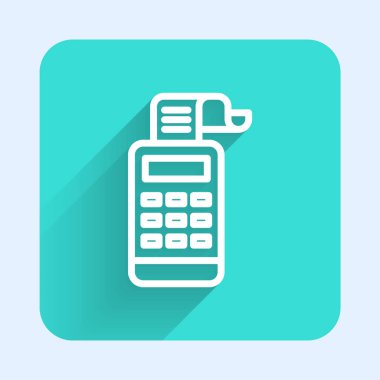 Uzun gölgeli bir çek simgesi olan beyaz çizgi yazar kasa. Kasiyer tabelası. Tabut sembolü. Yeşil kare düğmesi. Vektör.