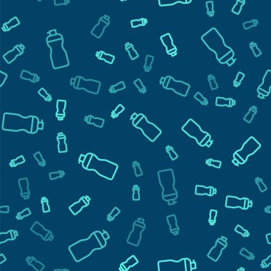 Yeşil çizgi fitness sallama ikonu mavi arka planda izole edilmiş pürüzsüz desen. Su ve protein kokteylleri için kapaklı spor karıştırıcı şişesi. Vektör.