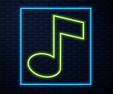 Parlayan neon hattı Müzik notası, ton simgesi tuğla duvar arka planında izole edilmiş. Vektör.
