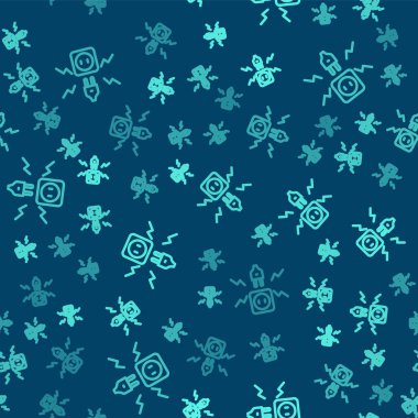 Elektrik prizini elektrik kıvılcımına bağlayan yeşil hat mavi arkaplanda izole edilmiş. Vektör.