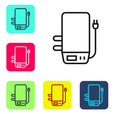 Isıtma su ikonu için siyah hat elektrikli kazan beyaz arka planda izole edildi. Renkli kare düğmelerle simgeleri ayarla. Vektör.