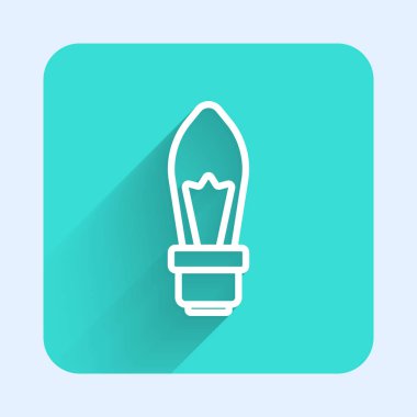 Fikir ikonu kavramına sahip beyaz çizgi lambası uzun gölgeli izole edilmiş. Enerji ve fikir sembolü. İlham konsepti. Yeşil kare düğmesi. Vektör.