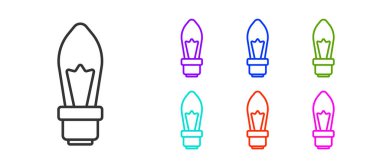 Fikir ikonu kavramına sahip siyah çizgi ampulü beyaz arkaplanda izole edildi. Enerji ve fikir sembolü. İlham konsepti. Simgeleri renklendirin. Vektör.