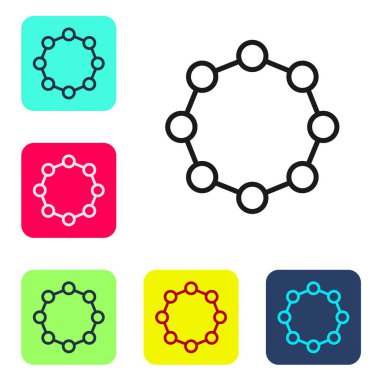 Siyah çizgi kimyasal formül simgesi beyaz arkaplanda izole edildi. Yenilikçi tıp, sağlık, araştırma ve bilim için soyut altıgen. Renkli kare düğmelerle simgeleri ayarla. Vektör.