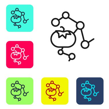 Siyah çizgi, beyaz arka planda genetik olarak modifiye edilmiş yiyecek ikonu. GDO meyvesi. Renkli kare düğmelerle simgeleri ayarla. Vektör.