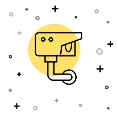 Siyah çizgi güvenlik kamerası simgesi beyaz arkaplanda izole edildi. Rastgele dinamik şekiller. Vektör.