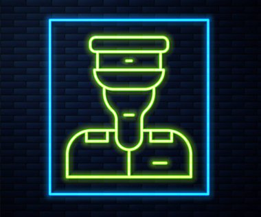 Parlayan neon hattı kondüktör simgesi tuğla duvar arka planında izole edildi. Vektör.