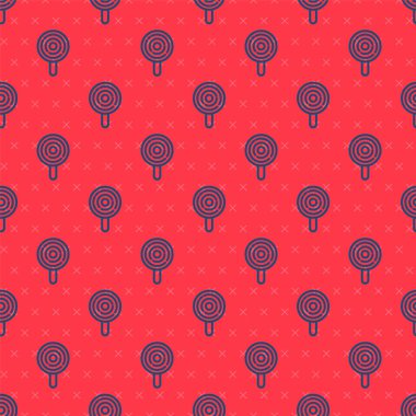 Mavi çizgi lolipop ikonu kırmızı arkaplanda kusursuz desen izole etti. Şeker işareti. Yemek, lezzetli bir sembol. Vektör.