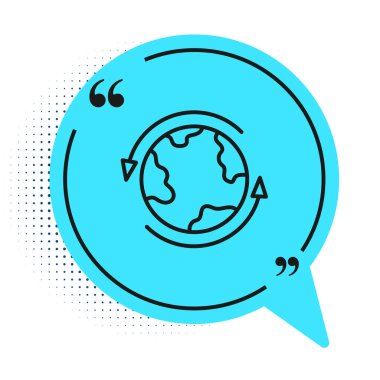 Siyah çizgi dünya simgesi beyaz arkaplanda izole edildi. Yerküreye iğnele. Mavi konuşma balonu sembolü. Vektör.