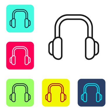 Siyah çizgi kış kulaklığı simgesi beyaz arka planda izole edildi. Kulaklıklar. Renkli kare düğmelerle simgeleri ayarla. Vektör.