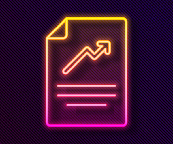 Glowing neon line Document with graph chart icon isolated on black background. Report text file icon. Accounting sign. Audit, analysis, planning.  Vector.
