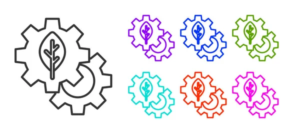 Línea Negra Ecología Planta Hoja Icono Máquina Engranajes Aislado Sobre — Archivo Imágenes Vectoriales