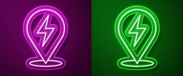 Ragyogó Neon Vonal Villámcsapás Ikon Elszigetelt Lila Zöld Háttér Flash — Stock Vector