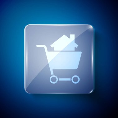 Mavi arka planda ev ikonu olan beyaz alışveriş arabası. Ev konsepti al. Ev kredisi konsepti, kira, mülk satın alma. Kare cam paneller. Vektör İllüstrasyonu.