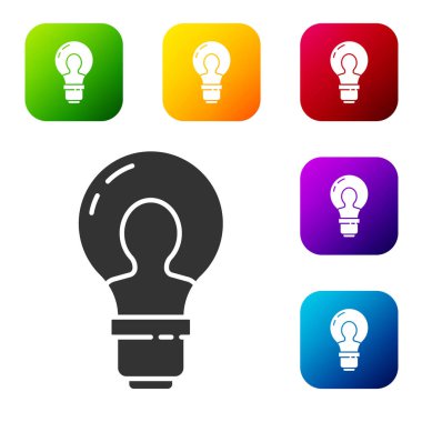 Beyaz arka planda izole lamba ikonu olan siyah insan kafası. Renkli kare düğmelerle simgeleri ayarla. Vektör.