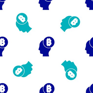 Mavi Bitcoin simgenin beyaz arka planda izole edilmiş olduğunu düşünüyor. Kripto para birimi başı. Engelleme teknolojisi, dijital para piyasası, şifreli para cüzdanı. Vektör.