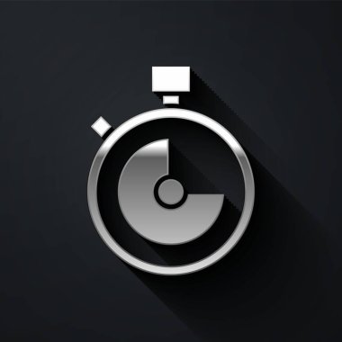 Gümüş Kronometre simgesi siyah arkaplanda izole edildi. Zaman göstergesi. Kronometre işareti. Uzun gölge tarzı. Vektör.