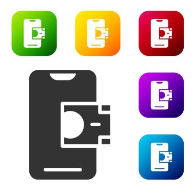 Siyah Mobil bankacılık simgesi beyaz arkaplanda izole edildi. Cep telefonu ekranına cep telefonu bankacılığı yoluyla para aktar. Renkli kare düğmelerle simgeleri ayarla. Vektör.