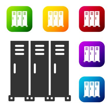 Siyah dolap ya da hokey, futbol, basketbol takımı ya da beyaz arka planda izole edilmiş işçi ikonu için soyunma odası. Renkli kare düğmelerle simgeleri ayarla. Vektör.