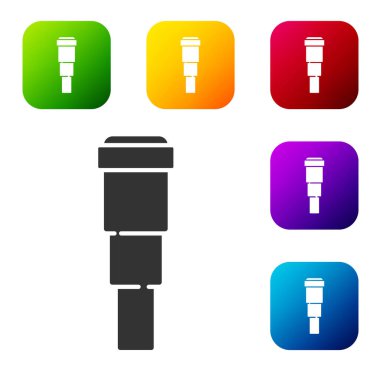 Siyah Spyglass teleskop mercek simgesi beyaz arkaplanda izole edilmiş. Denizci dürbünü. Renkli kare düğmelerle simgeleri ayarla. Vektör.