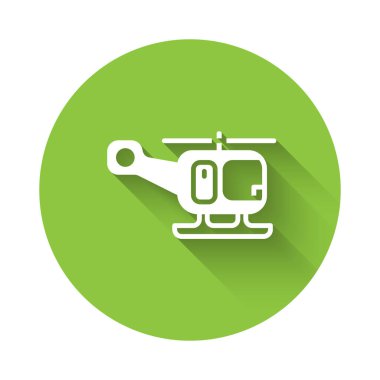 Beyaz Kurtarma Helikopteri hava aracı ikonu uzun gölgeli izole edildi. Yeşil daire düğmesi. Vektör.