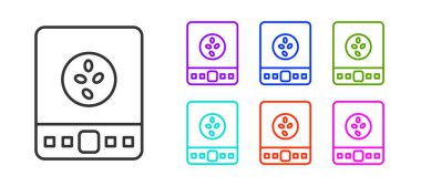 Beyaz arka planda siyah çizgi Elektronik kahve ölçekli ikon izole edildi. Ağırlık ölçüm aletleri. Simgeleri renklendirin. Vektör İllüstrasyonu.