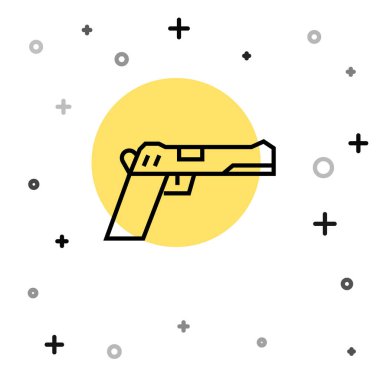 Siyah çizgi tabanca ya da silah ikonu beyaz arkaplanda izole edilmiş. Polis ya da askeri silah. Küçük ateşli silah. Rastgele dinamik şekiller. Vektör İllüstrasyonu.