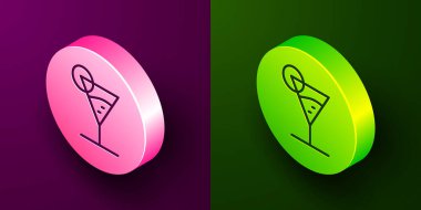 Mor ve yeşil arkaplanda izole edilmiş Isometric çizgi martini cam ikonu. Kokteyl ikonu. Şarap kadehi ikonu. Çember düğmesi. Vektör İllüstrasyonu.