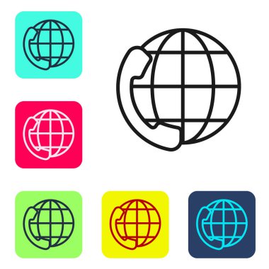 Siyah Hat Telefon, beyaz arka planda 24 saatlik destek ikonu izole edildi. Tüm gün müşteri destek merkezi. Tam zamanlı çağrı servisi. Renkli kare düğmelerle simgeleri ayarla. Vektör İllüstrasyonu.