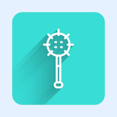 Beyaz çizgi Ortaçağ zincirlenmiş topuz ikonu uzun gölgeli izole edilmiş. Ortaçağ silahı. Yeşil kare düğmesi. Vektör.