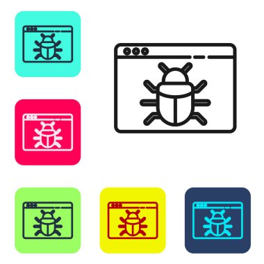 Siyah çizgi sistem hata konsepti simgesi beyaz arkaplanda izole edildi. Kod hatası konsepti. Sistemde hata var. Böcek araması. Renkli kare düğmelerle simgeleri ayarla. Vektör.