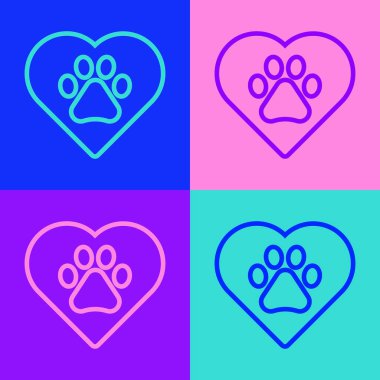 Popüler sanat çizgisi, arka planda izole edilmiş hayvanların ayak izi ikonu olan kalp. Yüreğindeki evcil hayvan pençesi. Hayvanlara sevgiler. Vektör.