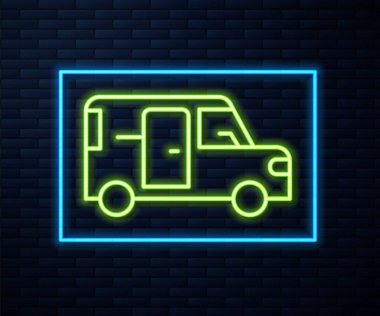 Parlayan neon hattı Minibus simgesi tuğla duvar arka planında izole edildi. Vektör.