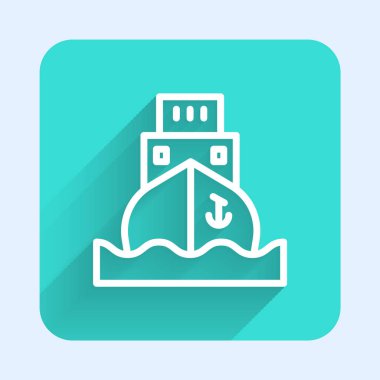 Beyaz çizgi kargo gemisi simgesi uzun gölgeli izole edildi. Yeşil kare düğmesi. Vektör.