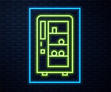 Parlayan neon hattı yiyecek ve içecek otomatiği otomatikman satılıyor. Tuğla duvar arkasında izole edilmiş ikon. Vektör.