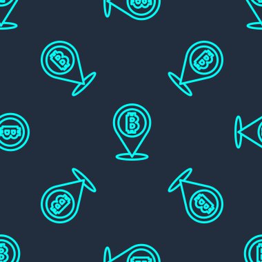 Yeşil çizgi konumu bitcoin simgesi mavi arka planda izole edilmiş kusursuz desen. Madeni para. Engelleme zinciri tabanlı şifreli para birimi. Vektör.