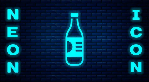 Gloeiende Neon Fles Water Pictogram Geïsoleerd Baksteen Muur Achtergrond Soda — Stockvector