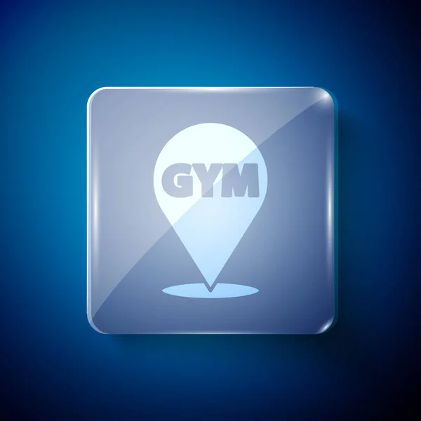 White Location Gym Icoon Geïsoleerd Blauwe Achtergrond Vierkante Glazen Panelen — Stockvector