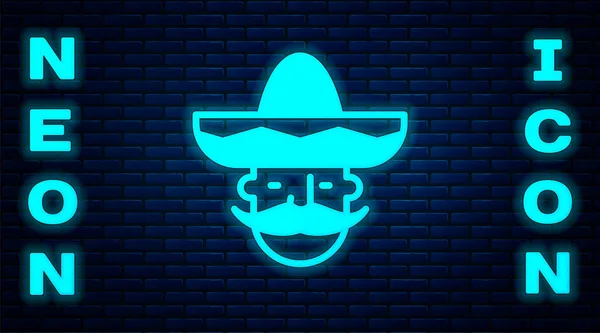 Glowing Neon Mexican Man Wearing Sombrero Icon Isolated Brick Wall — Stock Vector